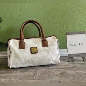 TED LAPIDUS Paris Monogram Logo Embossed Leather Handle Boston Bag Rare White